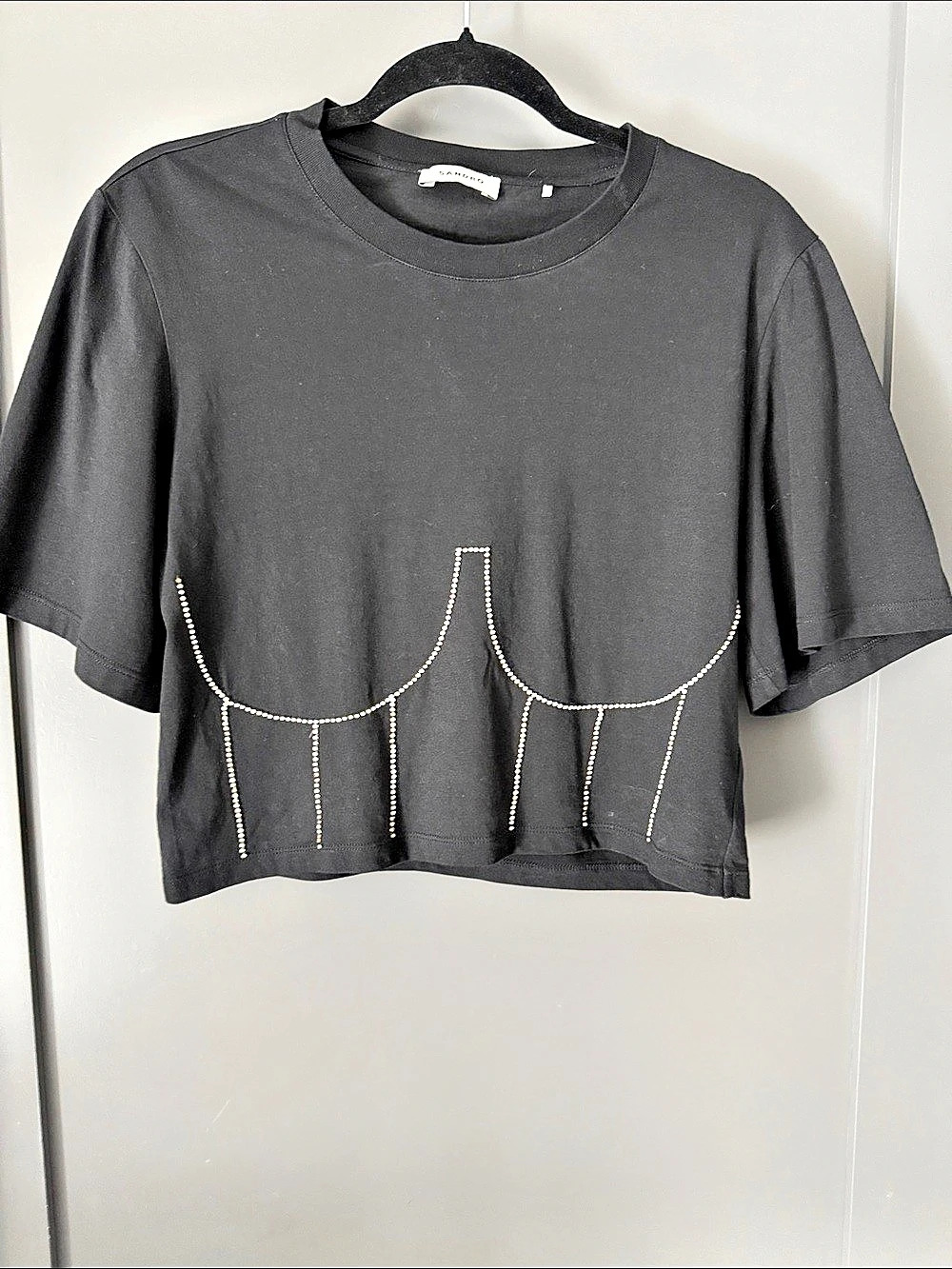 Sandro Cropped cotton T-shirt with rhinestone bustier design Short Sleeve Top in